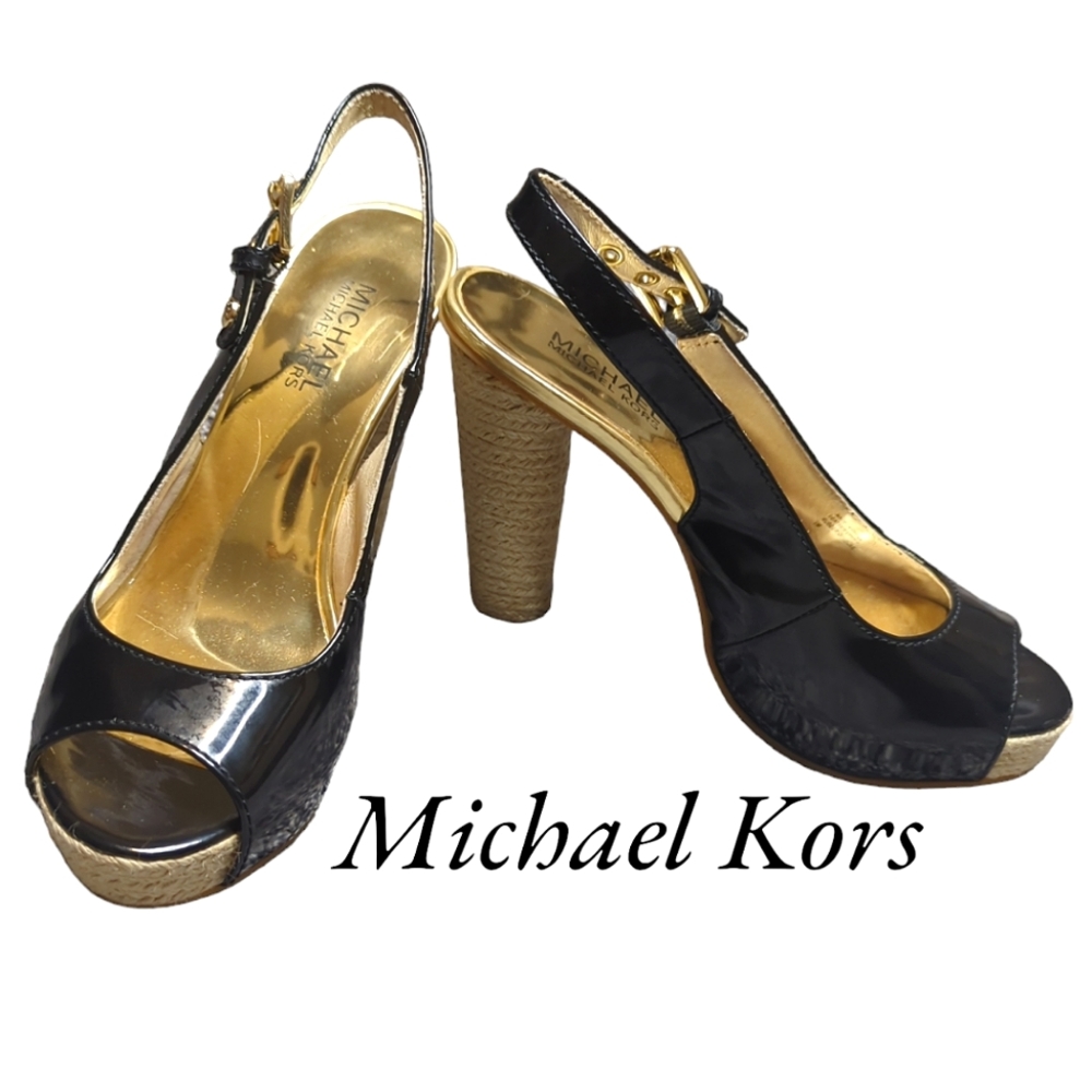 Michael Kors Platform Slingback Black & Gold ChunckWicker 4.5" Heels Size7M NWOT
